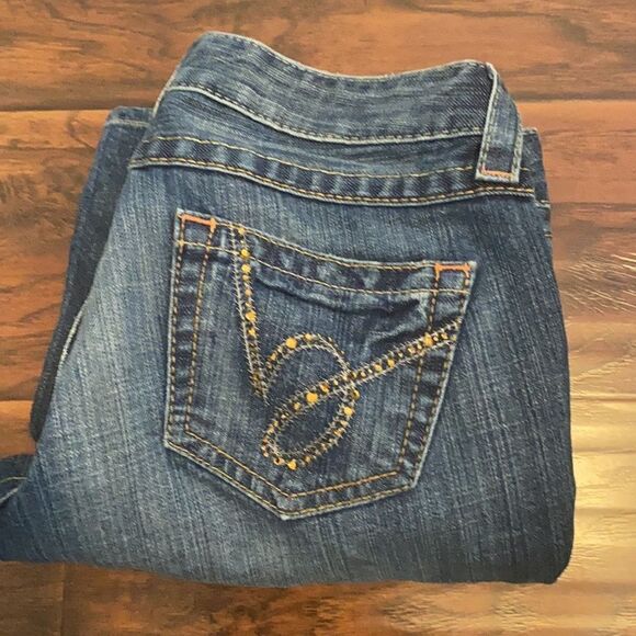 Y2K Bebe Factory Distressed Blue Embellished Bling Denim Cropped Jeans - Picture 2 of 10